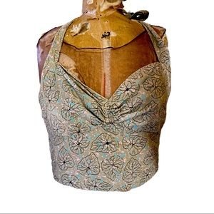 Retro Halter Top, Leaf Pattern w/ tie halter, pink button closure at back, Small